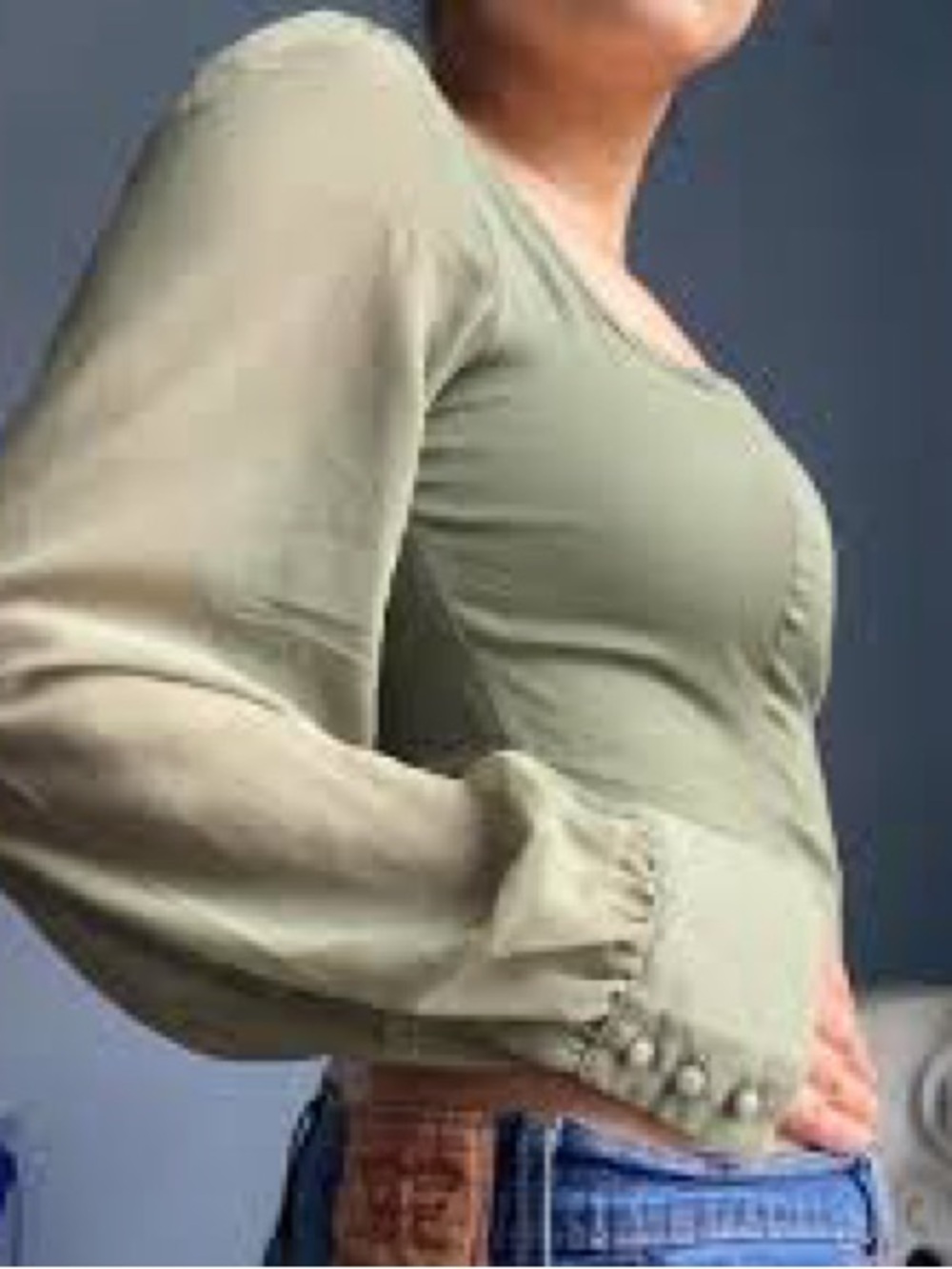Urban Outfitters Olive Green Puff-Sleeve Long Sleeve Top